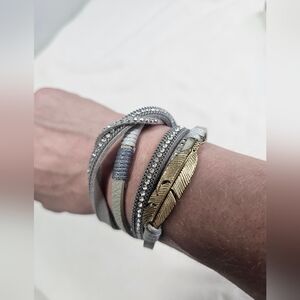 Grey Wrap Bracelet with Gold Feather Accent